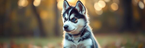 Cute husky puppy sitting outdoors in autumn with soft sunlight filtering through the trees photo