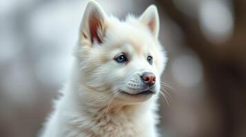 White fluffy dog stands calmly outdoors, showcasing its curious expression in a serene natural setting photo