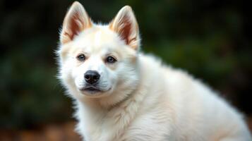 Beautiful fluffy white dog with perky ears resting outdoors in a serene garden setting photo