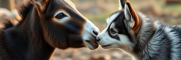 dos linda animales compartir un amable momento en el campo durante dorado hora ligero foto