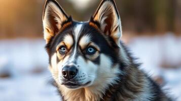 Siberian husky with striking blue eyes in a winter landscape during golden hour photo