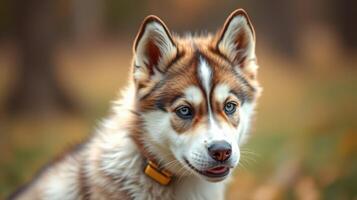 Cute puppy stands in a park surrounded by autumn leaves enjoying a sunny day outdoors photo