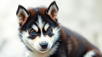 Cute husky puppy with striking fur pattern and bright blue eyes relaxing on a soft background photo