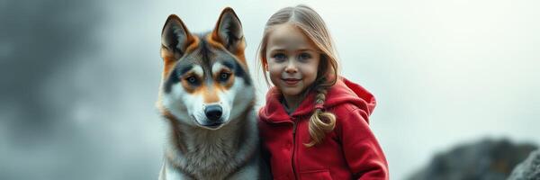 Girl in red jacket poses with a friendly dog in a misty landscape during a cloudy day photo