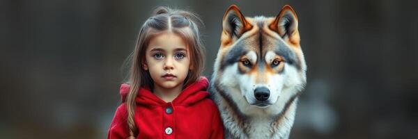 Girl in red hooded jacket stands beside wolf in a mystical forest setting during twilight photo