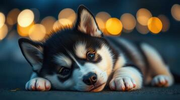 Cute husky puppy resting with beautiful bokeh lights at twilight in a cozy outdoor setting photo