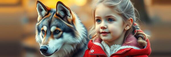 Young girl in a red coat stands next to a large wolf in a natural setting during twilight hours photo