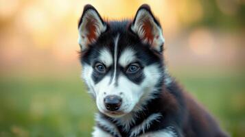 Playful Siberian Husky puppy rests in a sunlit park surrounded by lush greenery during a warm afternoon photo
