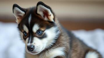Cute husky puppy staring curiously indoors during a warm afternoon light photo