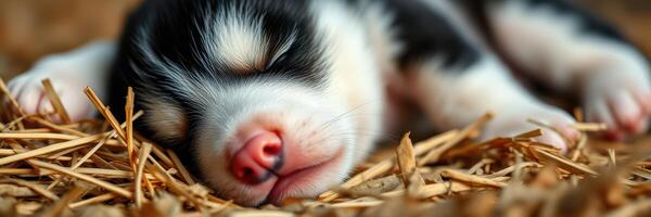 Puppy sleeping peacefully on straw in a cozy barn setting during a sunny afternoon photo