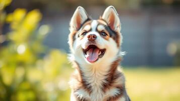 Happy puppy enjoying a sunny day in a green park with a playful expression and a wagging tongue photo
