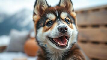 Happy dog with a playful expression in a snowy outdoor setting surrounded by mountains and cozy furnishings photo