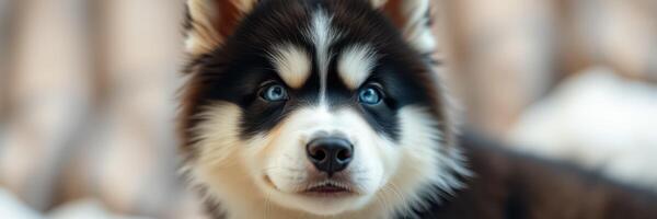 Cute husky puppy with striking blue eyes exploring a cozy indoor space on a sunny day photo