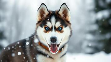 Happy husky dog enjoying winter snowfall in a snowy forest setting with a joyful expression photo