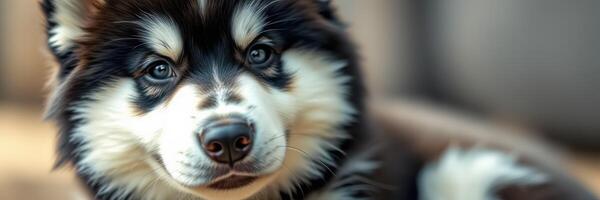 Cute fluffy black and white puppy resting indoors on a soft surface looking curiously at the camera photo