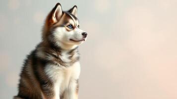 Beautiful husky pup sitting gracefully against a soft background, showcasing its unique fur patterns and expressive features photo