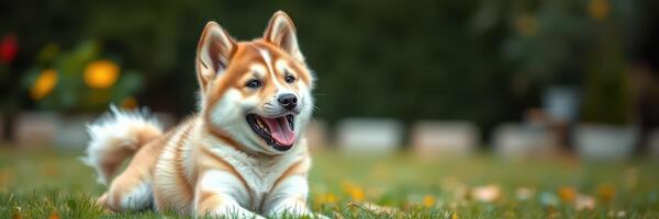 Playful dog enjoys a sunny day in the garden, surrounded by flowers and greenery photo