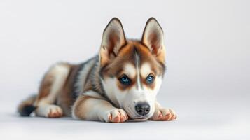 Dog resting calmly on a neutral background showing distinct coat patterns and bright blue eyes photo
