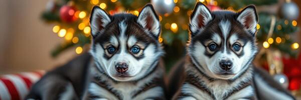 Twin husky puppies sitting in front of a decorated Christmas tree with sparkling lights photo