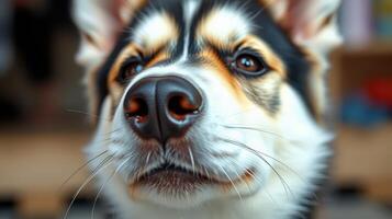 Close-up view of a playful dog showcasing its curious expression and vibrant fur details in an indoor setting photo