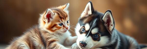 Playful kitten and puppy enjoying a sunny afternoon together in a cozy setting photo