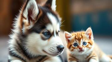Siberian husky puppy and orange tabby kitten play together indoors during a sunny afternoon photo