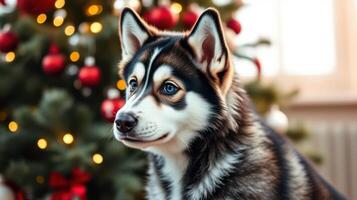 Cute husky dog sitting next to a beautifully decorated Christmas tree with red ornaments and twinkling lights photo