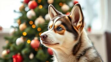 Siberian husky sitting calmly in front of a beautifully decorated Christmas tree with colorful ornaments and warm lights photo
