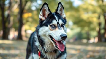 Playful husky enjoying a sunny day in a park surrounded by trees and nature photo