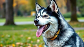 Siberian husky enjoys a sunny afternoon in a park surrounded by autumn leaves photo
