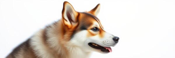Beautiful malamute dog showcasing its stunning fur and friendly demeanor against a light background photo