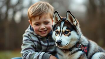 Young boy joyfully interacts with a Siberian Husky puppy in a park during autumn photo