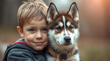 Young boy smiles while embracing a friendly dog during a warm afternoon in a park setting photo