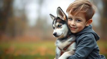 Child smiles while hugging a young husky dog in a park during autumn photo