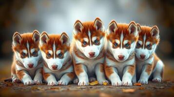 Five playful husky puppies with bright blue eyes sit together on a forest path surrounded by autumn leaves photo