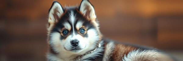Cute husky puppy relaxing in a cozy indoor environment during golden hour light photo
