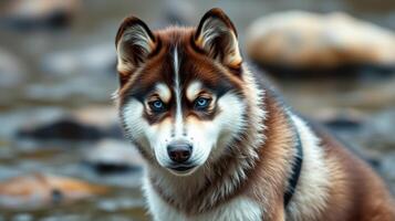 Dog with striking blue eyes poses beside a serene stream in a tranquil forest setting during the late afternoon hours photo