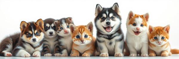Cute puppies and kittens posing together in a playful setting with bright colors and distinct fur patterns photo