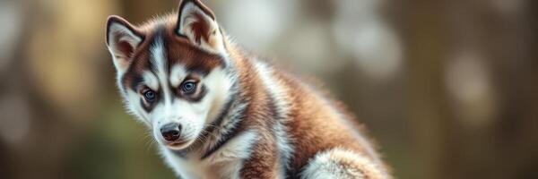 Cute husky puppy sitting in a forest setting during early morning light, showcasing its playful personality and distinct fur patterns photo