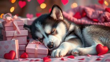Adorable husky puppy sleeps beside pink gift boxes and hearts in a cozy setting during a romantic celebration photo