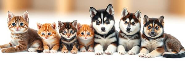 Seven adorable kittens and puppies sitting together on a soft surface in a cozy indoor setting photo