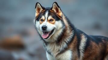 Beautiful husky dog standing proudly on rocky terrain with a friendly expression photo