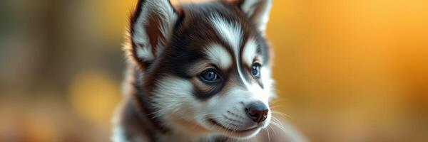 Playful husky puppy exploring the outdoors during the golden hour in a park setting photo