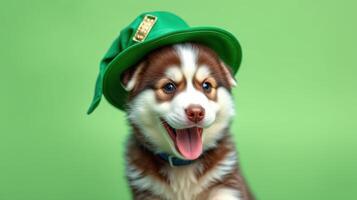 Happy puppy wearing green hat with playful expression against bright background during festive season photo