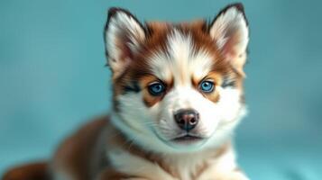 Cute and fluffy puppy with striking blue eyes resting on soft background photo