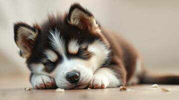 Sleeping puppy rests peacefully on the floor in a cozy indoor setting during the afternoon photo