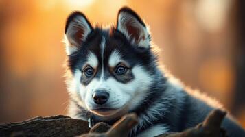 Husky puppy resting on a log with soft golden sunlight filtering through the trees in the background during late afternoon photo