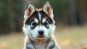 Playful husky puppy outdoors enjoying a sunny day in nature with a curious expression on its face photo