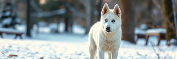 White husky exploring a snowy park during winter morning sunlight photo