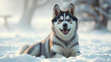 Siberian husky resting on snowy ground in a serene winter landscape during daylight hours photo